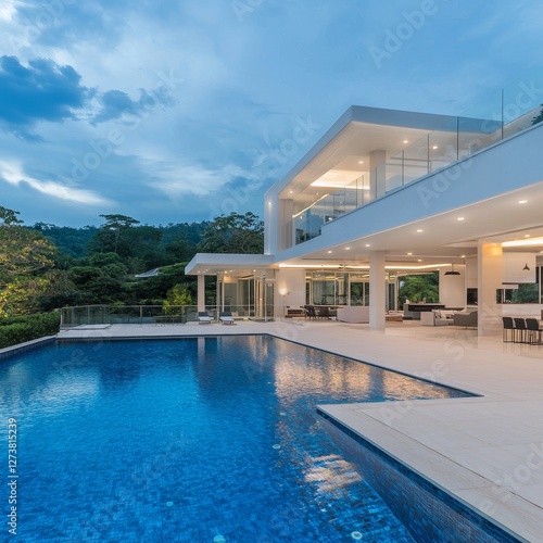 A modern luxury house featuring expansive glass walls surrounding the pool