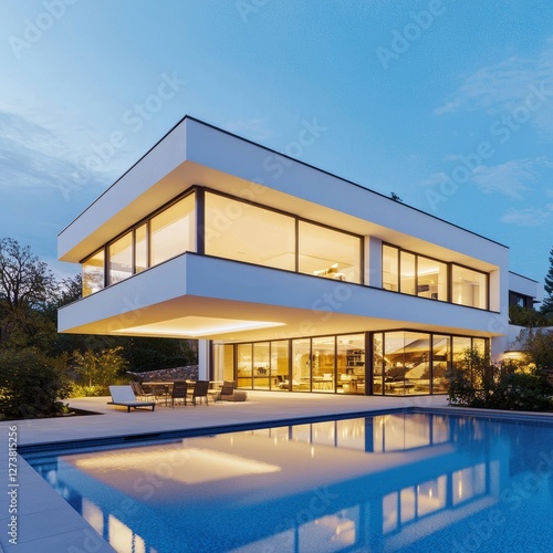 A large and luxurious abode in modern style boasts glass walls that encompass the pool