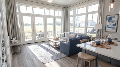 The living room in this new luxury home is beautifully designed with a view of the kitchen, and the home's interior boasts hardwood floors, an open floor plan that showcases the dining room, kitchen