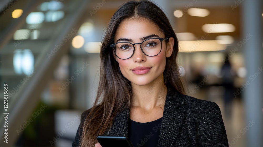Fototapeta premium A Young Woman with Glasses Engaged in Smartphone News Reading Across Various Scenic Locations Every Day