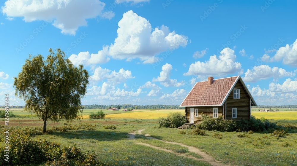 Fototapeta premium A charming wooden cottage under the bright morning sun, surrounded by open fields and a vast blue sky.