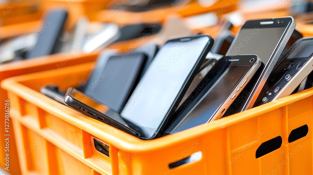A close-up view of an electronic waste container containing discarded cell phones and chargers A close-up view of an electronic waste container containing discarded cell phones and chargers