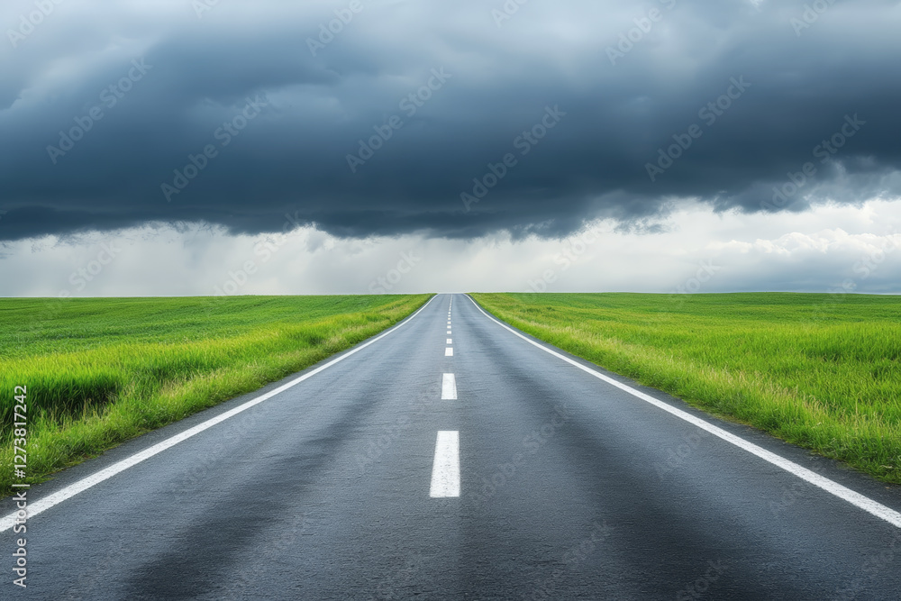 Straight highway road with black rain clouds, natural summer landscape, dramatic sky Straight highway road with black rain clouds, natural summer landscape, dramatic sky