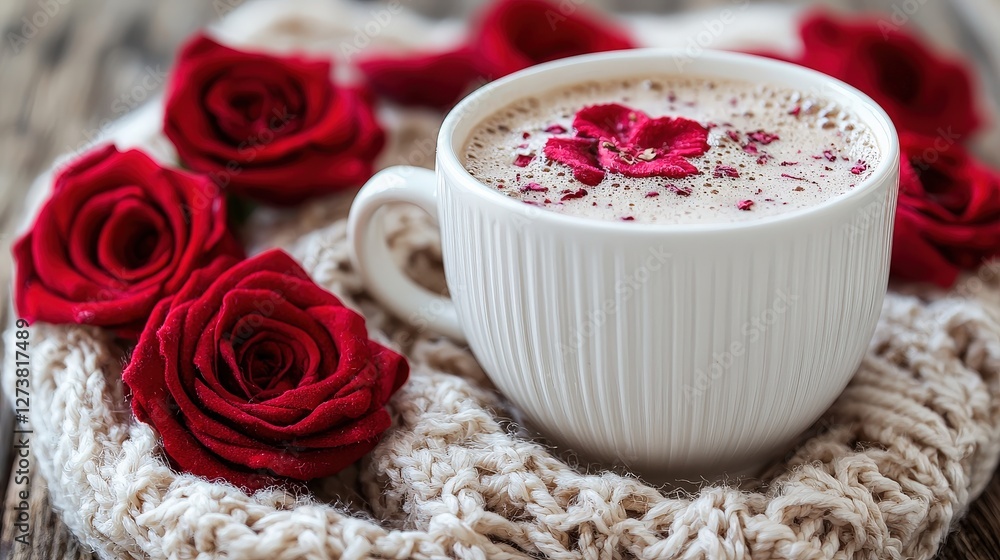 Indulgent hot chocolate in a cup decorated with a beautiful rose on top Indulgent hot chocolate in a cup decorated with a beautiful rose on top