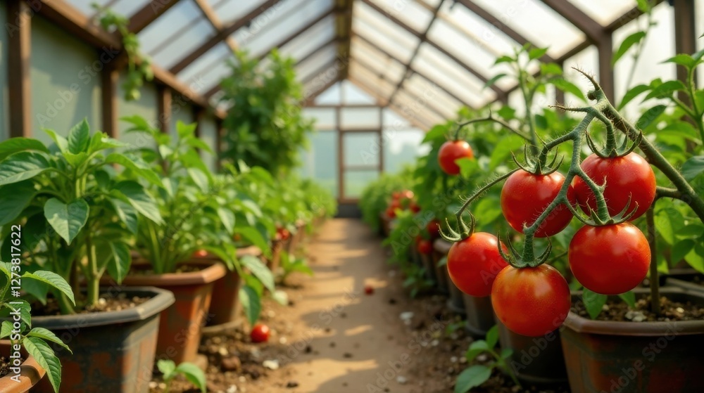Greenhouse Cultivation of Ripe Red Tomatoes Growing on the Vine in Pots Greenhouse Cultivation of Ripe Red Tomatoes Growing on the Vine in Pots