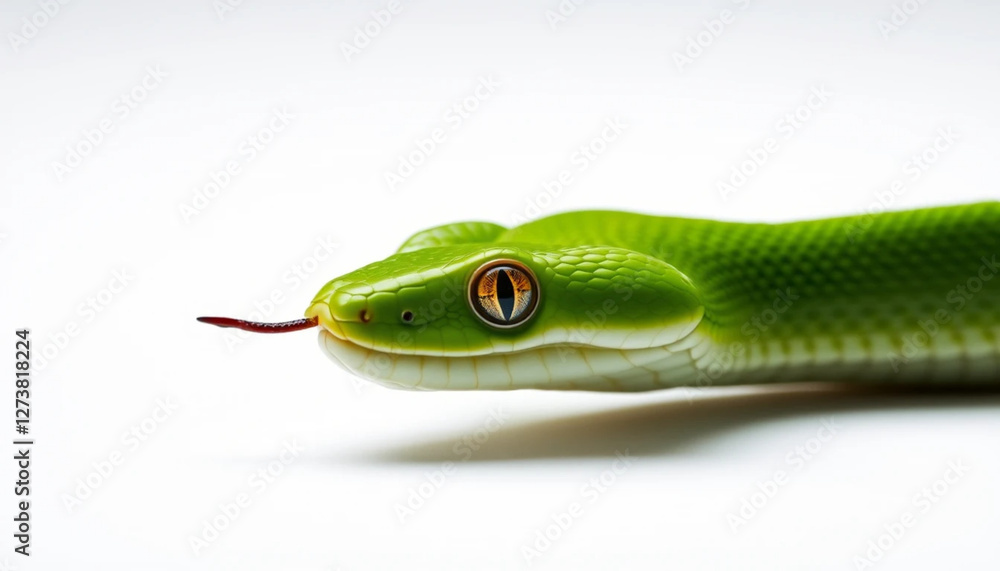 Fototapeta premium Green Snake Sticking Out Tongue on White Background - Wildlife Close-up