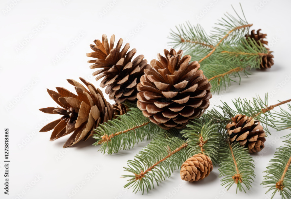 Autumn still life composition with pine branches and pine cones on a white background Autumn still life composition with pine branches and pine cones on a white background