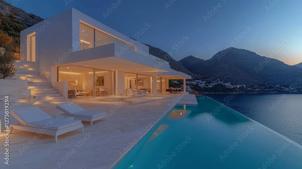 Fototapeta premium The residence boasts a luxurious design, complete with a relaxation area situated by the pool, and is accompanied by a modern mansion featuring panoramic glazing, all set within a tropical region