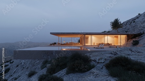 A contemporary residence featuring a swimming pool, a modern pool villa located at the beach, and a luxurious villa with a tropical ocean view at sunset