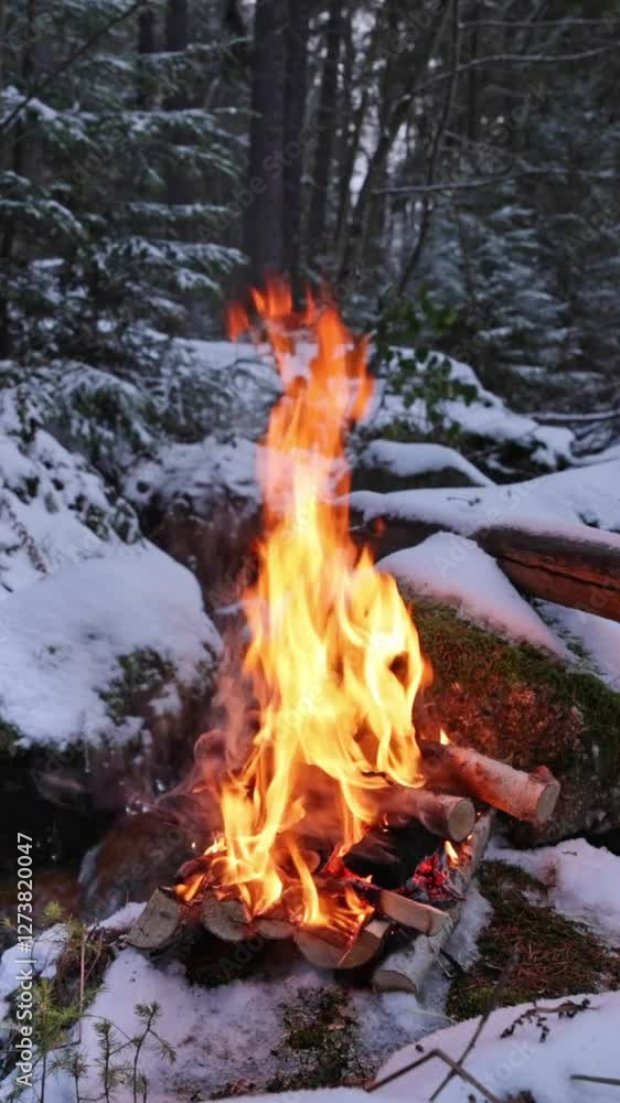 Campfire in the winter forest , slow-motion , close-up Campfire in the winter forest , slow-motion , close-up