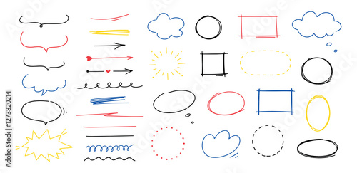 Hand drawn shapes, speech bubble, arrows and underlines. Doodle sketch line frames and elements. Scribble line strokes vector set.