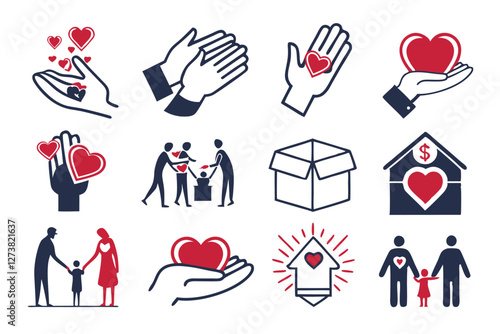  Charity icons, nonprofit symbols, philanthropy pictograms, red and navy blue color scheme, minimalist design, flat vector graphics, hands holding hearts, handshake icons, caring gestures, community