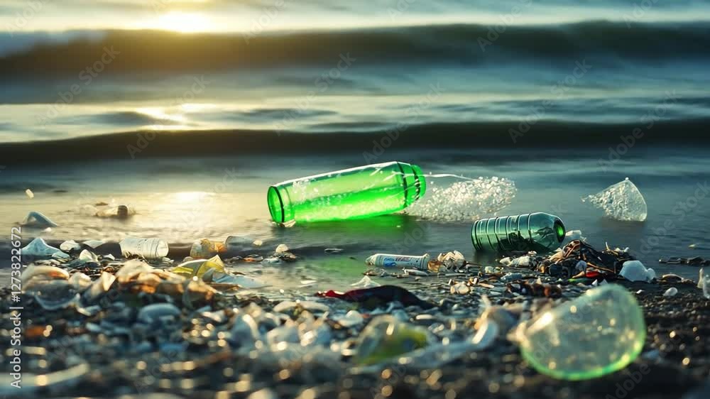 Ocean's Silent Cry: A poignant image of discarded glass bottles and debris scattered along a shoreline, juxtaposed with the serene beauty of the ocean and the sun.