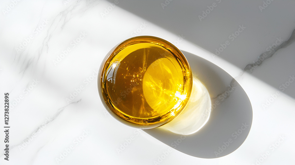 Abstract top-down of a shiny, yellow liquid in a glass bowl on a textured white surface with light and shadow. Abstract top-down of a shiny, yellow liquid in a glass bowl on a textured white surface with light and shadow.