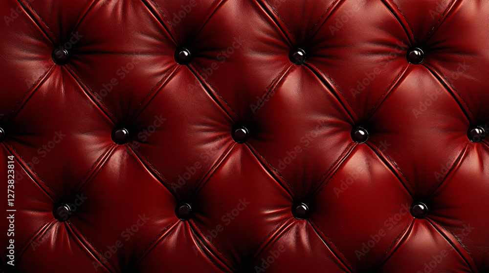 Fototapeta premium Luxurious deep red leather upholstery with a classic tufted design, featuring evenly spaced buttons and a rich, glossy texture.