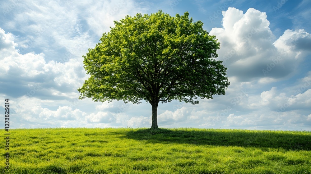 Solitary Tree Standing Tall in a Green Meadow Under a Bright Blue Sky with Fluffy Clouds Solitary Tree Standing Tall in a Green Meadow Under a Bright Blue Sky with Fluffy Clouds