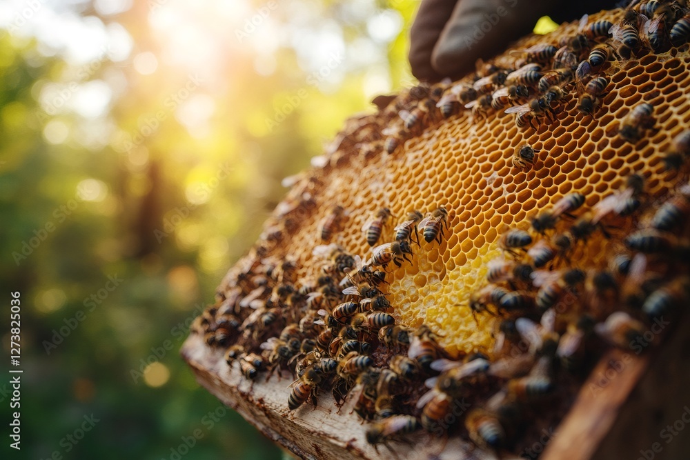 Beekeeper holding honeycomb frame with working bees in apiary at sunset