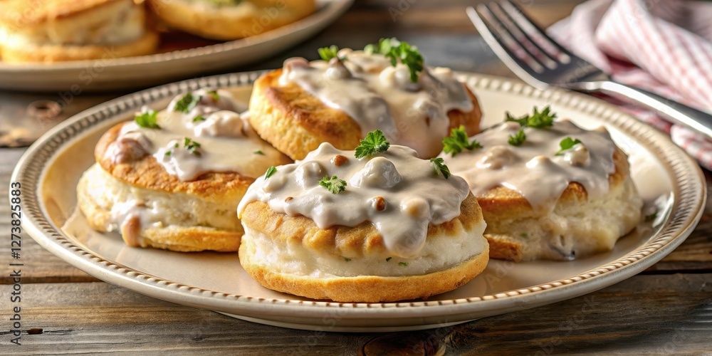 Flaky pastry biscuits smothered in a rich creamy sausage gravy, tasty , meaty, tasty , meaty, morning meal Flaky pastry biscuits smothered in a rich creamy sausage gravy, tasty , meaty, tasty , meaty, morning meal