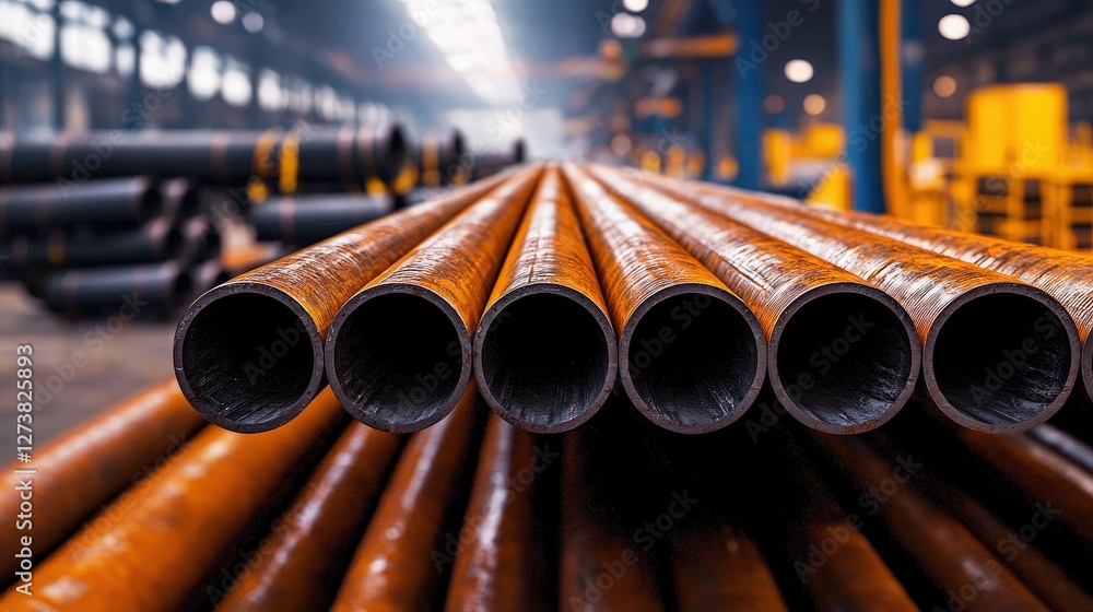 A close-up view of rusted metal pipes arranged parallel in an industrial setting, illuminated by bright overhead lights.