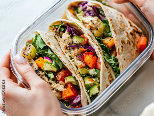 Hands carefully wrap up a tortilla with greens, hummus, and veggies, then slice it and place the pieces neatly in a container photo