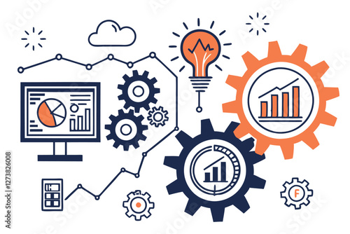  Business intelligence icons, data science symbols, analytics graphics, navy blue and orange color scheme, minimalist design, tech infographic elements, machine learning pictograms, dashboard illust