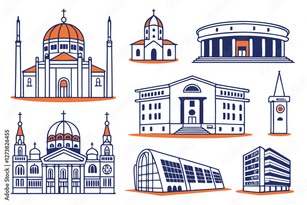 Fototapeta premium Building icons, architecture symbols, urban structures, geometric shapes, blue and orange color scheme, simplified designs, city landmarks, public institutions, residential buildings, commercial st