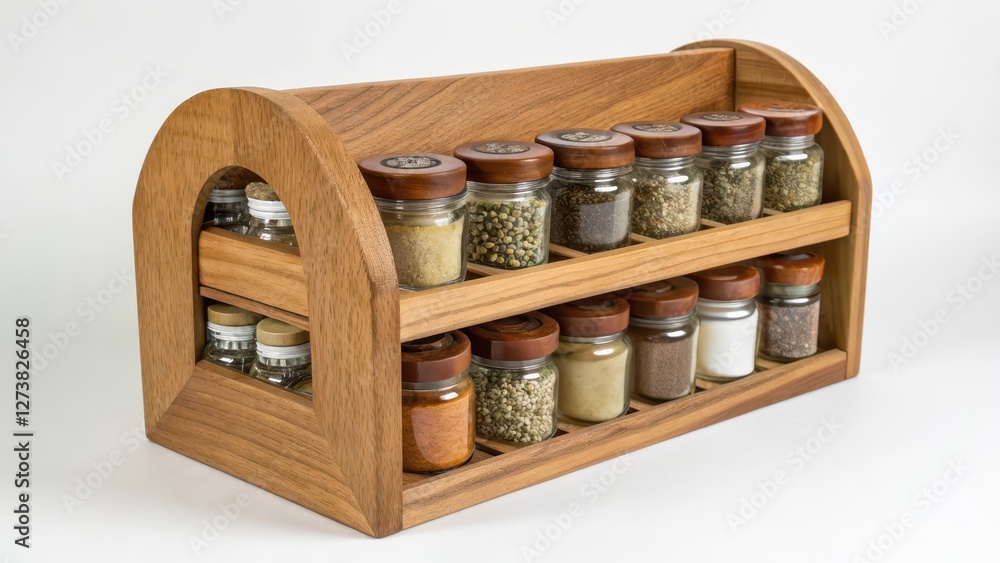 Wooden Spice Rack with Jars on White Background Wooden Spice Rack with Jars on White Background