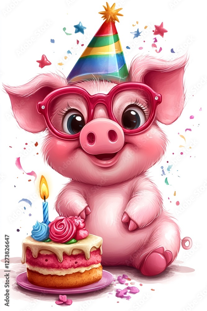 Naklejka premium Adorable piglet sporting glasses, party hat, gleefully celebrating birthday with tiny cake, scattered confetti