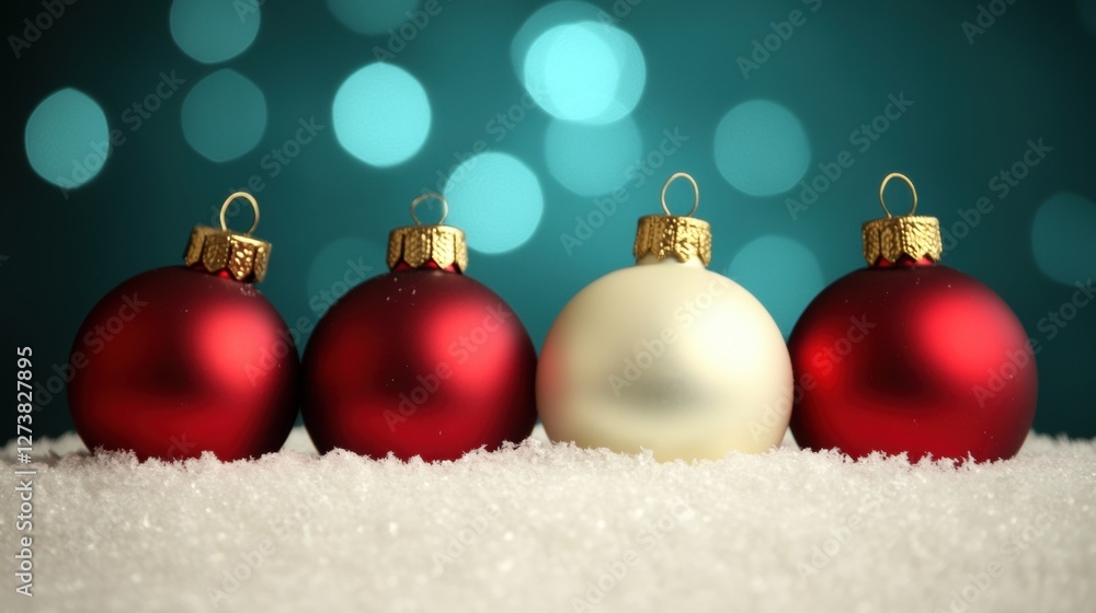 Christmas Ornaments on Snow with Bokeh Background Red and White Holiday Decorations Christmas Ornaments on Snow with Bokeh Background Red and White Holiday Decorations
