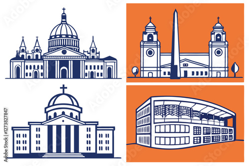  Building icons, architecture symbols, urban structures, geometric shapes, blue and orange color scheme, simplified designs, city landmarks, public institutions, residential buildings, commercial st