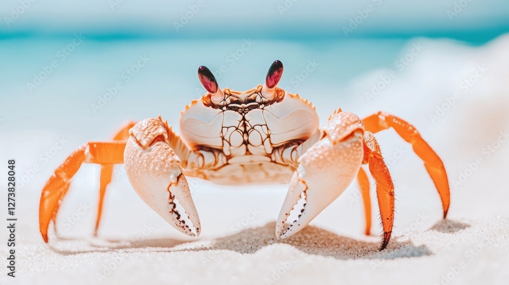 Orange Crab Close Up on White Sand Beach with Turquoise Sea Background on Sunny Day Orange Crab Close Up on White Sand Beach with Turquoise Sea Background on Sunny Day