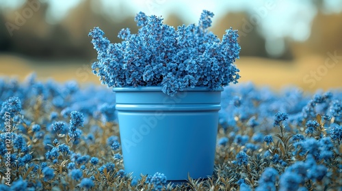 A stunning blue flower pot nestled amongst a beautiful field of bright blue flowers in bloom