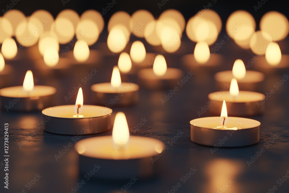 Candle flames burn brightly, producing a warm golden glow that is accentuated by the many beautiful lit tealight candles Candle flames burn brightly, producing a warm golden glow that is accentuated by the many beautiful lit tealight candles