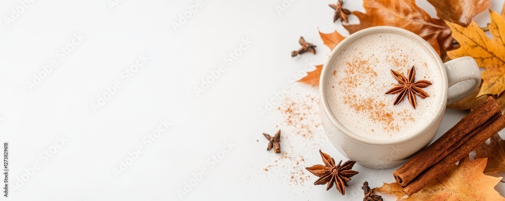 Cozy Autumn Cappuccino with Cinnamon Spices and Leaves on Wooden Background Cozy Autumn Cappuccino with Cinnamon Spices and Leaves on Wooden Background