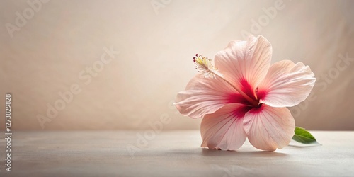 A Delicate Peach Hibiscus Flower Rests on a Smooth Surface, Soft Light Illuminates its Petals, a Symbol of Tranquility and Natural Beauty