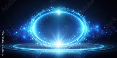 Glowing blue light emanates from a circular shape on a dark background, creating an otherworldly ambiance, mystical