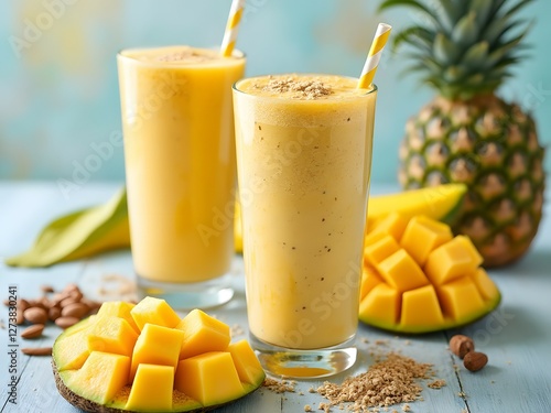 Mango and pineapple smoothie with almonds, healthy summer drink, tropical fruit juice, summer beverage