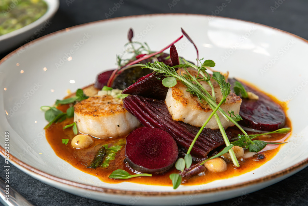 Seared scallops with roasted beets and herbs in rich sauce