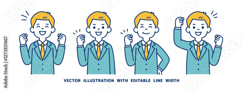 元気にガッツポーズをする、若いビジネスマンのベクターイラスト素材セット＿線幅の編集可能