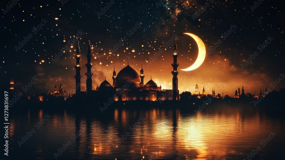 Obraz premium mosque with a night sky filled with stars. Ramadhan landscape