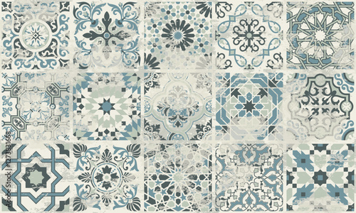 Majolica azulejos tiles patchwork wallpaper vector seamless pattern for fabric placemat rug carpet pillow tablecloth grunge effect in separate layers