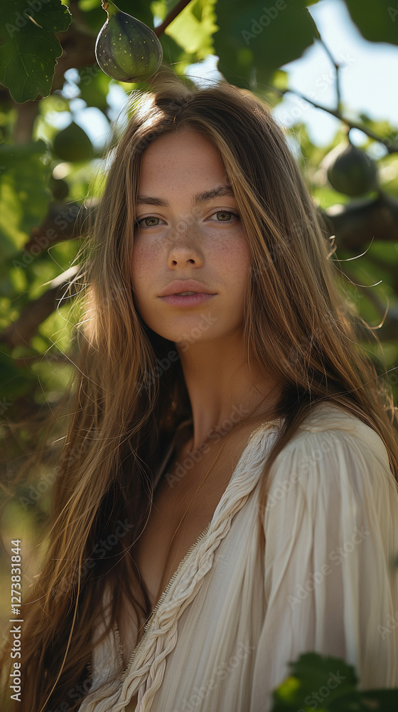 Woman in natural setting with sunlit leaves as backdrop. Woman in natural setting with sunlit leaves as backdrop.