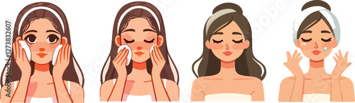 Print  Collection of girl removing make up by washing her face, using cleansing wipe and other cosmetic products.Beauty and hygiene concept. 