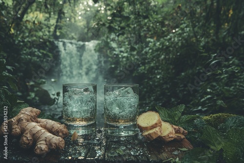 On a rustic wooden background, two shot glasses are filled with Brazilian gold cachaca, sugar, and sugarcane photo