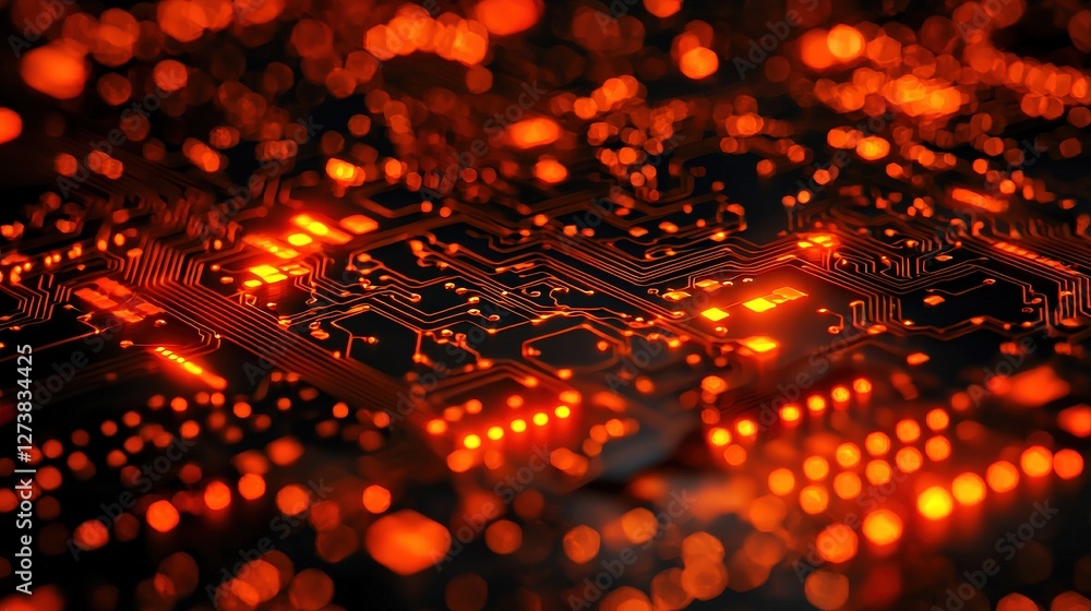 Fototapeta premium Hightech circuit board featuring numerous lights illuminating the complex design