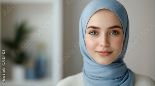Young woman in blue headscarf smiling softly indoors with warmth