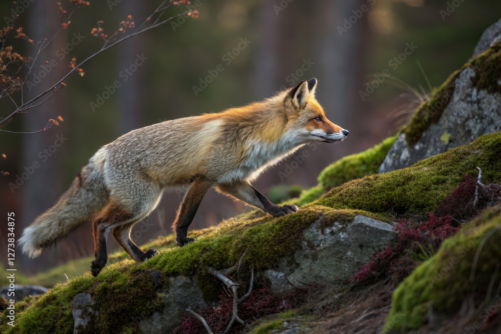 Fototapeta premium Majestic red fox walking on mossy rocks in serene forest setting