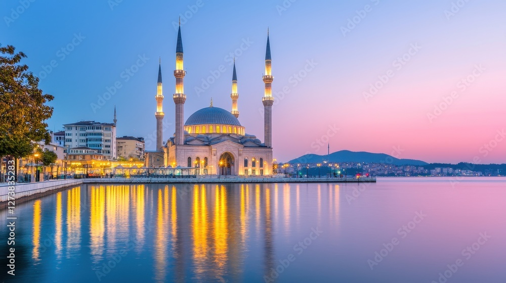 Fototapeta premium Serene Sunset Over Mosque Reflections at a Vibrant Waterfront