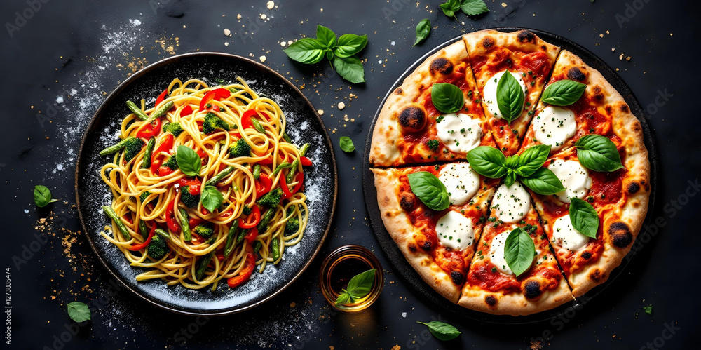 Italian dishes pizza with mozzarella, pasta and other spices and vegetables on black background top view