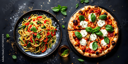 Obraz na płótnie Italian dishes pizza with mozzarella, pasta and other spices and vegetables on black background top view w salonie
